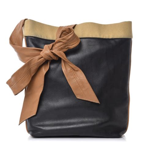 CELINE Lambskin Calfskin Band Twisted Cabas Black.